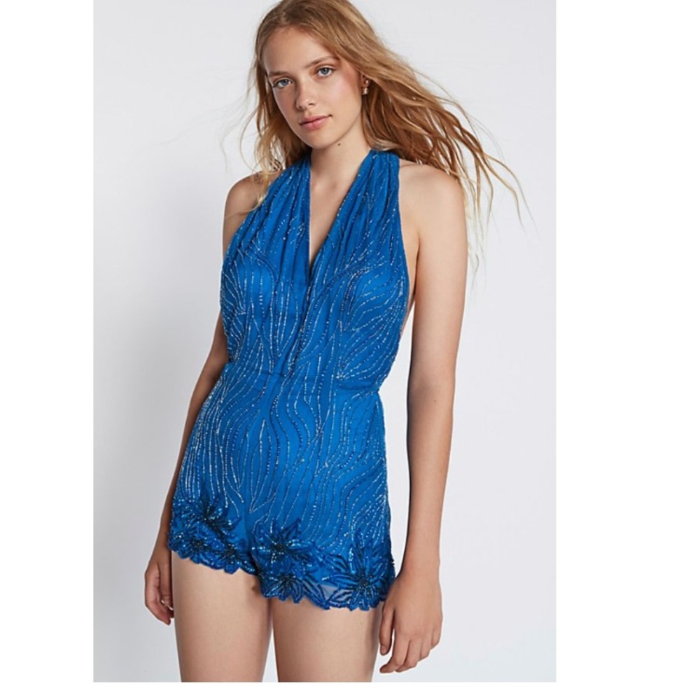 Free People Royal Blue Beaded Halter Romper